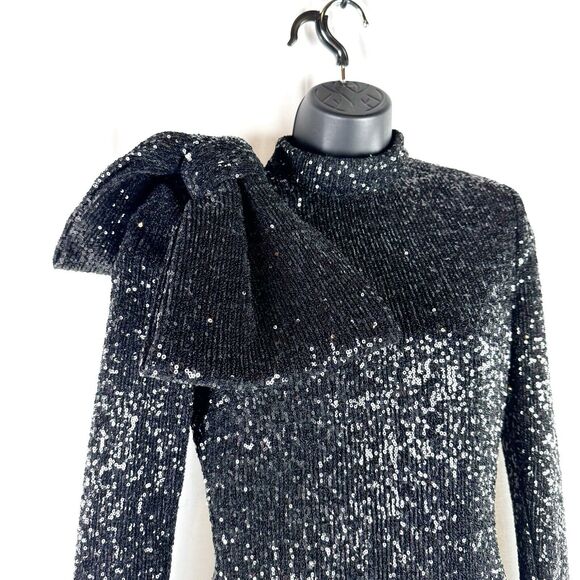 Rebecca Vallance Black Bow Sequin Long Sleeve Mock Neck Mica Mini Dress US 6 - Picture 3 of 10